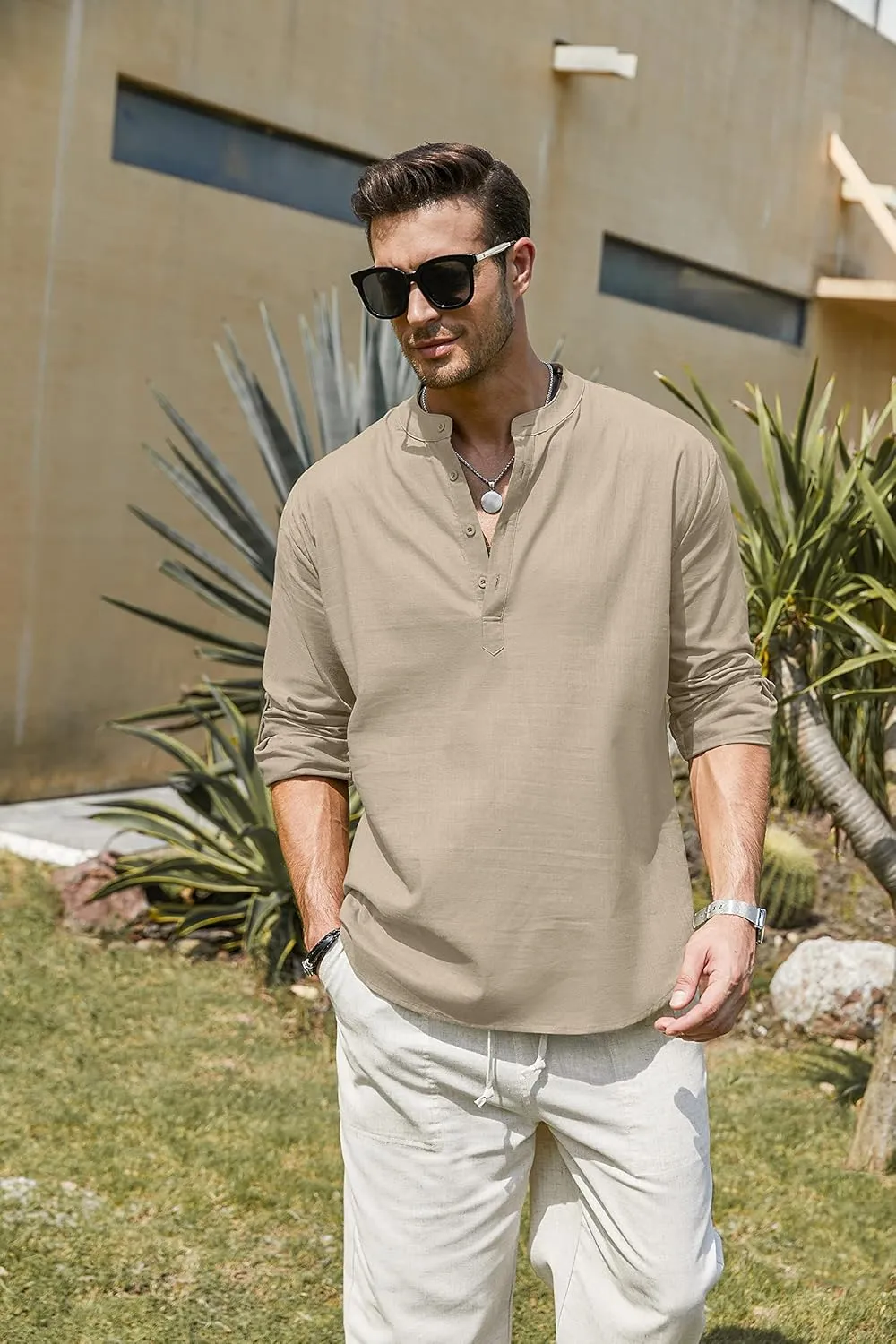COOFANDY Men's Cotton Linen Henley T-Shirts Long Sleeve Hippie Casual Beach T-Shirts