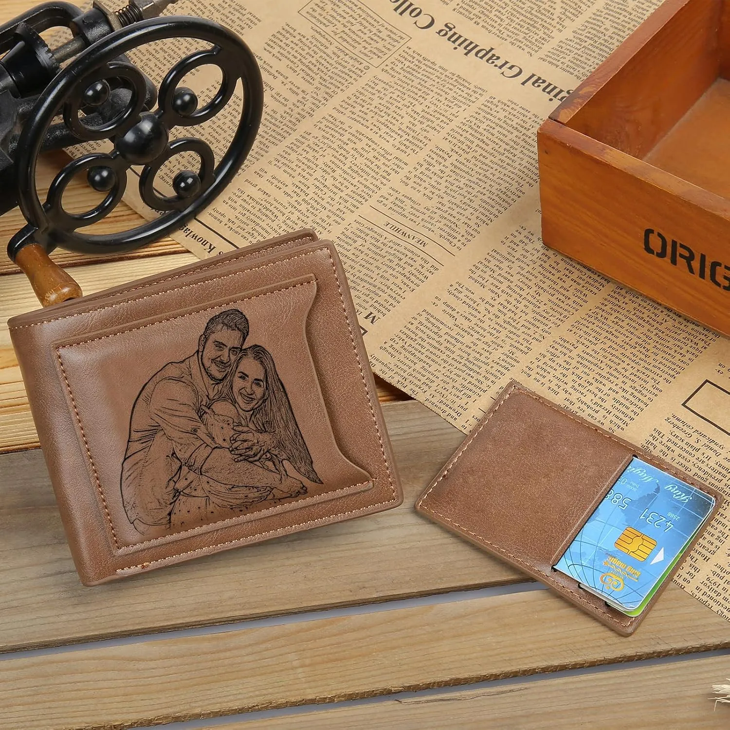 Lovejewelry Personalized Custom Picture Wallets for Men Engraved Leather Photo Wallet for Father Boyfriend (Style 4)
