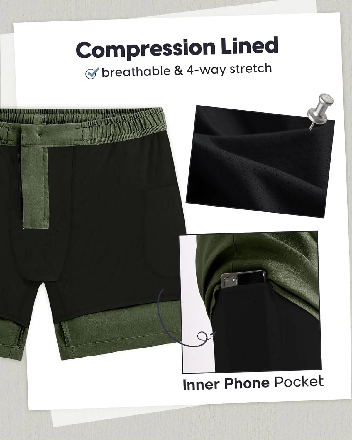maamgic Mens Casual Linen Shorts 5/7 Inch Elastic Waist Drawstring Summer 2 in 1 Beach Shorts with Pockets
