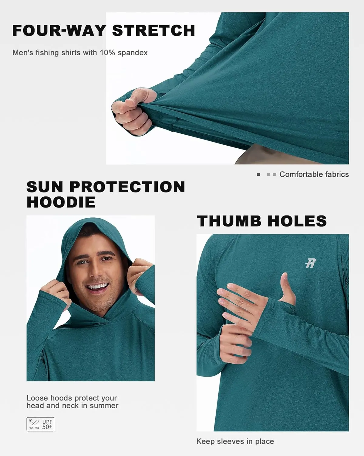 Runhit Fishing Shirts for Men Hoodie Sun Shirt UPF 50  Long Sleeve UV Protection SPF Rash Guard Running Hiking Workout