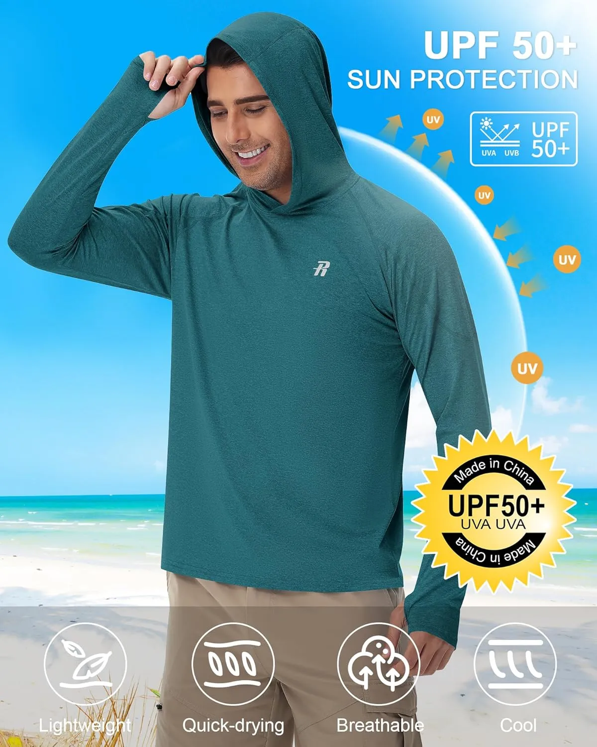 Runhit Fishing Shirts for Men Hoodie Sun Shirt UPF 50  Long Sleeve UV Protection SPF Rash Guard Running Hiking Workout