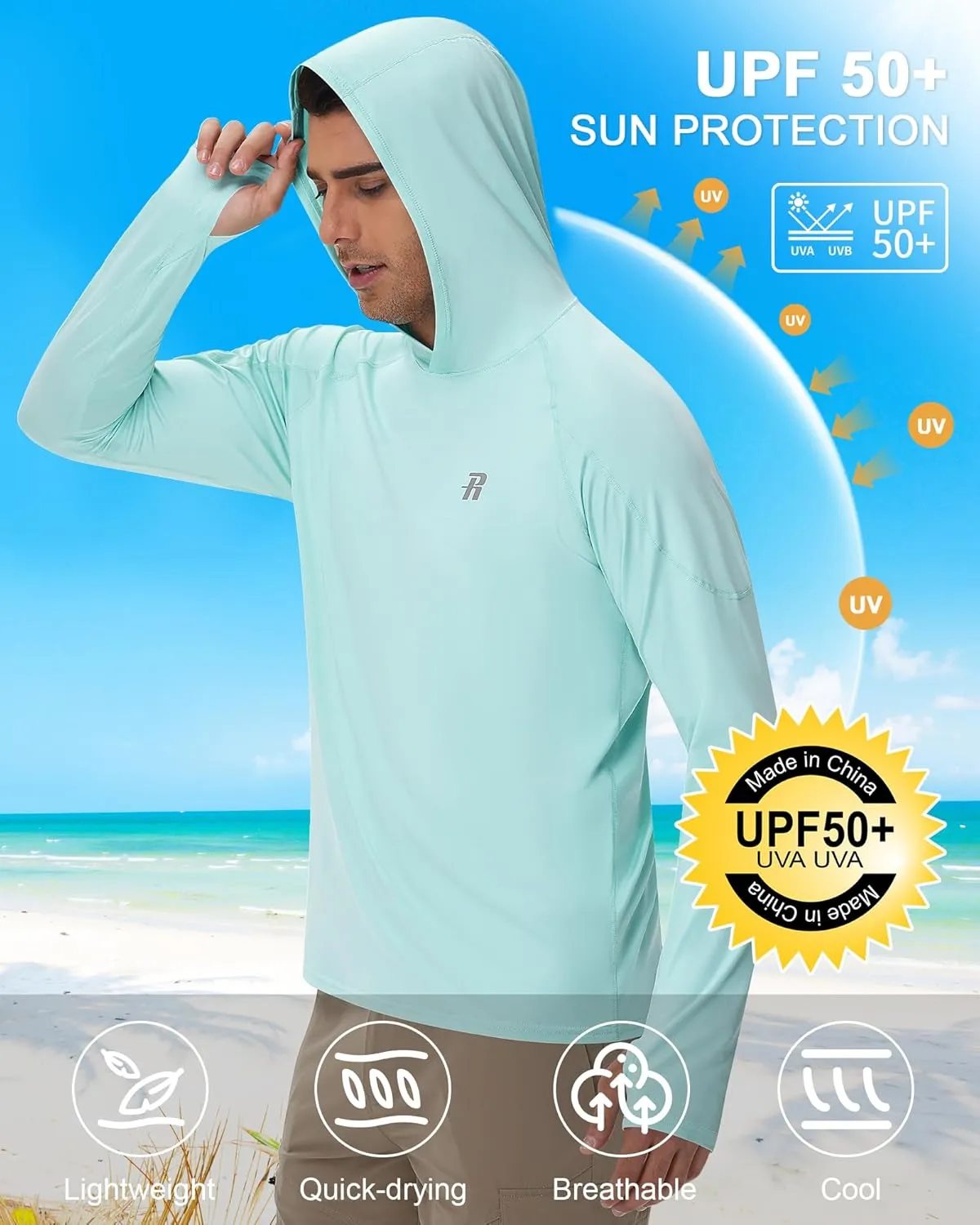 Runhit Fishing Shirts for Men Hoodie Sun Shirt UPF 50  Long Sleeve UV Protection SPF Rash Guard Running Hiking Workout