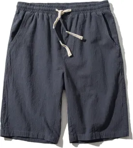 SIR7 Men's Linen Casual Classic Fit 11 Inch Inseam Elastic Waist Shorts with Drawstring